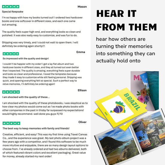 Reviews and testimonials about photo books with images of the books displayed.
