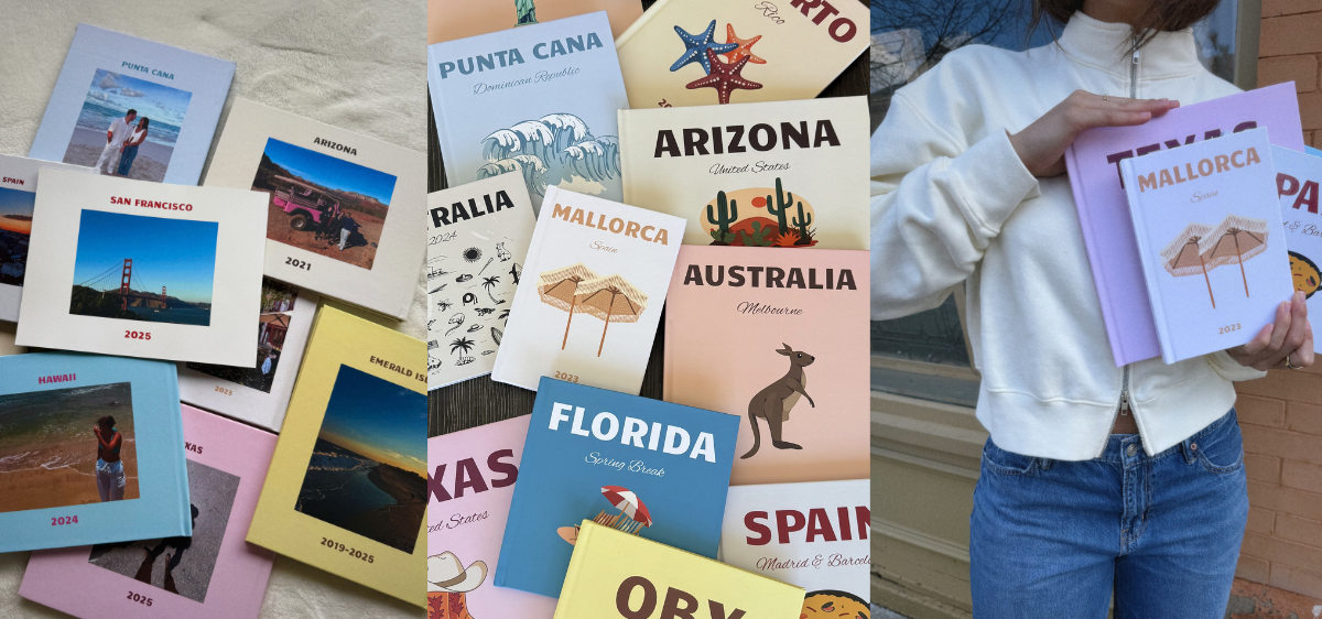 Collection of travel photobooks from various destinations with a person holding some brochures.