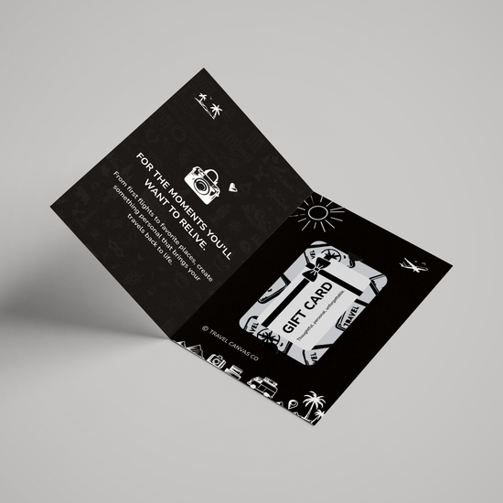 Black gift card with white text and graphics on a gray background