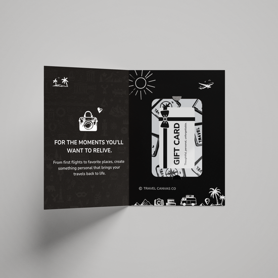 Open black card with white text and graphics on a gray background