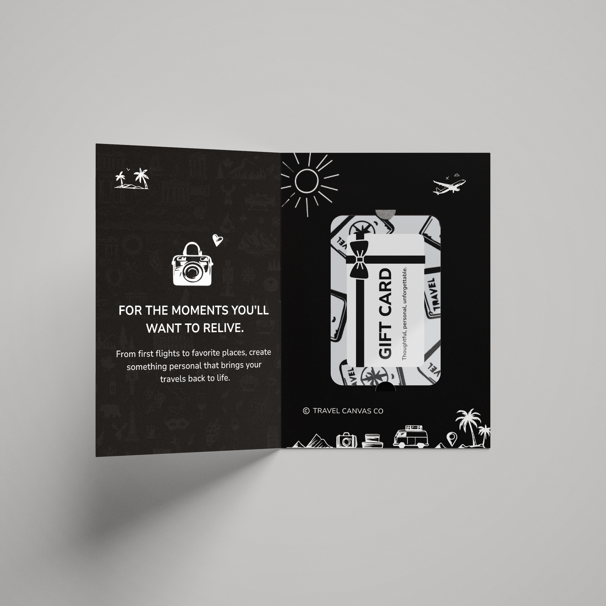 Open black card with white text and graphics on a gray background