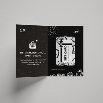 Open black card with white text and graphics on a gray background