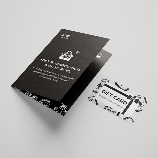 Black gift card with white text and design on a light gray background
