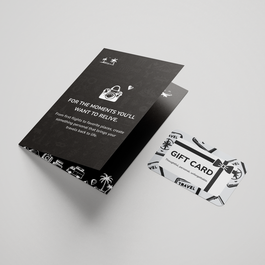 Black gift card with white text and design on a light gray background