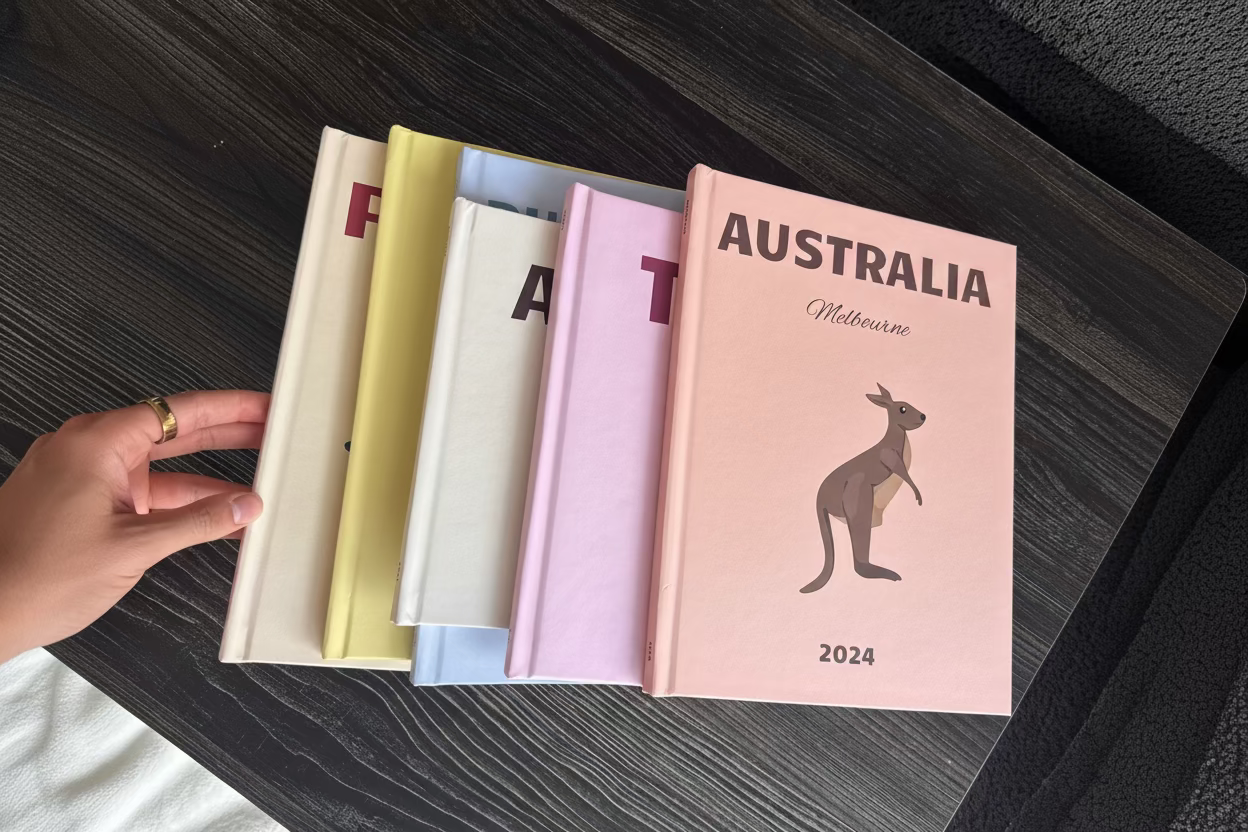 Four travel notebooks with different colored covers on a wooden surface.