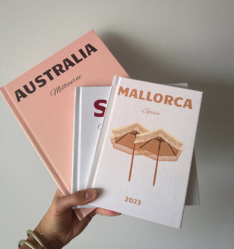 Three travel photobooks titled 'Australia', 'Spain', and 'Mallorca' held by a hand against a light background.