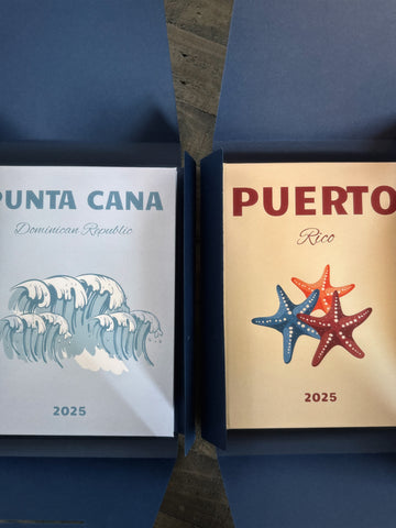 Two travel-themed boxes labeled 'Punta Cana' and 'Puerto Rico' with 2025 on a blue background.