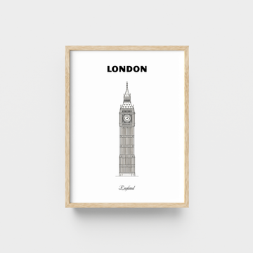 Framed artwork of Big Ben with 'London' text on a white background