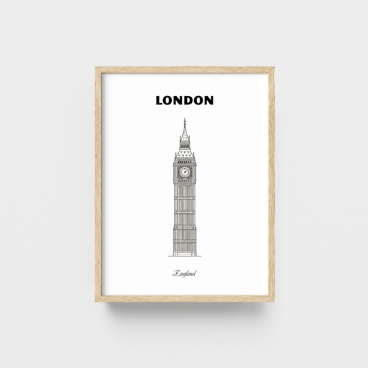 Framed artwork of Big Ben with 'London' text on a white background
