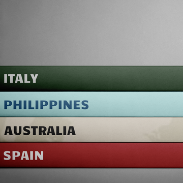 Stack of book spines with country names and the year 2025 on a gray background