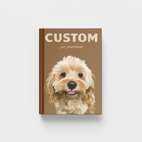 A custom pet photo book mockup featuring a brown cover with the text 'CUSTOM pet photo book' and an illustration of a fluffy cream-colored dog, shown on a light gray background. By the brand Furmentos by Travel Canvas Co.