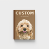 A custom pet photo book mockup featuring a brown cover with the text 'CUSTOM pet photo book' and an illustration of a fluffy cream-colored dog, shown on a light gray background. By the brand Furmentos by Travel Canvas Co.