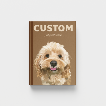 A custom pet photo book mockup featuring a brown cover with the text 'CUSTOM pet photo book' and an illustration of a fluffy cream-colored dog, shown on a light gray background. By the brand Furmentos by Travel Canvas Co.