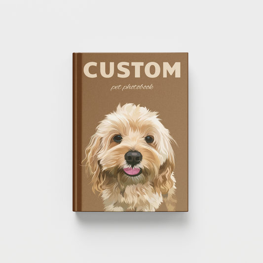 A custom pet photo book mockup featuring a brown cover with the text 'CUSTOM pet photo book' and an illustration of a fluffy cream-colored dog, shown on a light gray background. By the brand Furmentos by Travel Canvas Co.