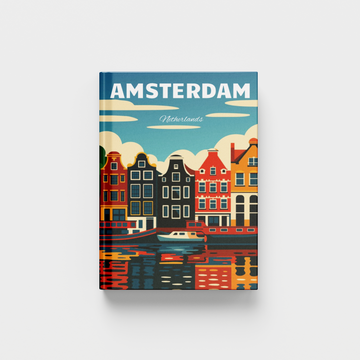 A travel photobook featuring a stylized illustration of Amsterdam canal houses and a boat, with the word 'AMSTERDAM' at the top, shown against a light gray background.