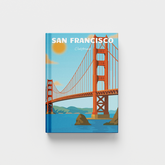 A hardcover photobook featuring an illustrated cover of the Golden Gate Bridge in San Francisco, California, shown against a light gray background.