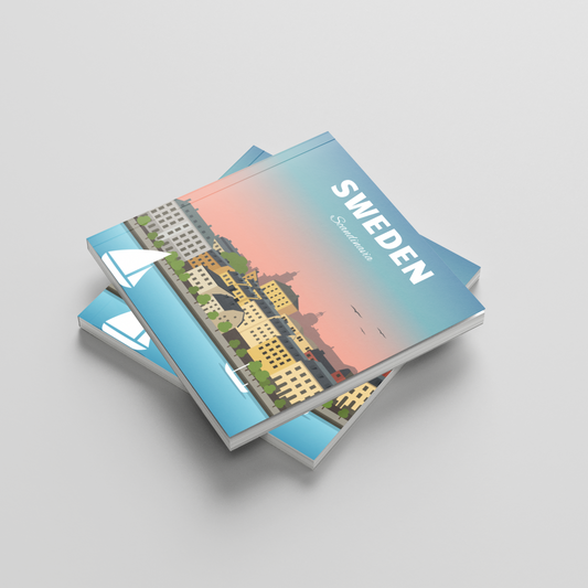 A stack of travel magazines featuring a Sweden cityscape cover design, photographed on a light gray background.