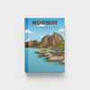 A hardcover photobook featuring a stylized illustration of a Norwegian landscape on the cover, with the word 'NORWAY' at the top and a blue spine, shown against a light gray background.