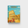 A hardcover photobook featuring a colorful travel-style illustration of Rome, with the Colosseum and a red scooter on the cover, shown against a light gray background.