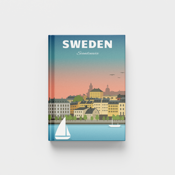 A travel photobook of Sweden, featuring a stylized illustration of a coastal cityscape with sailboats on the water under a teal and orange sunset sky. The word 'SWEDEN' is printed at the top in white, and the words 'Scandinavia' are written below it.