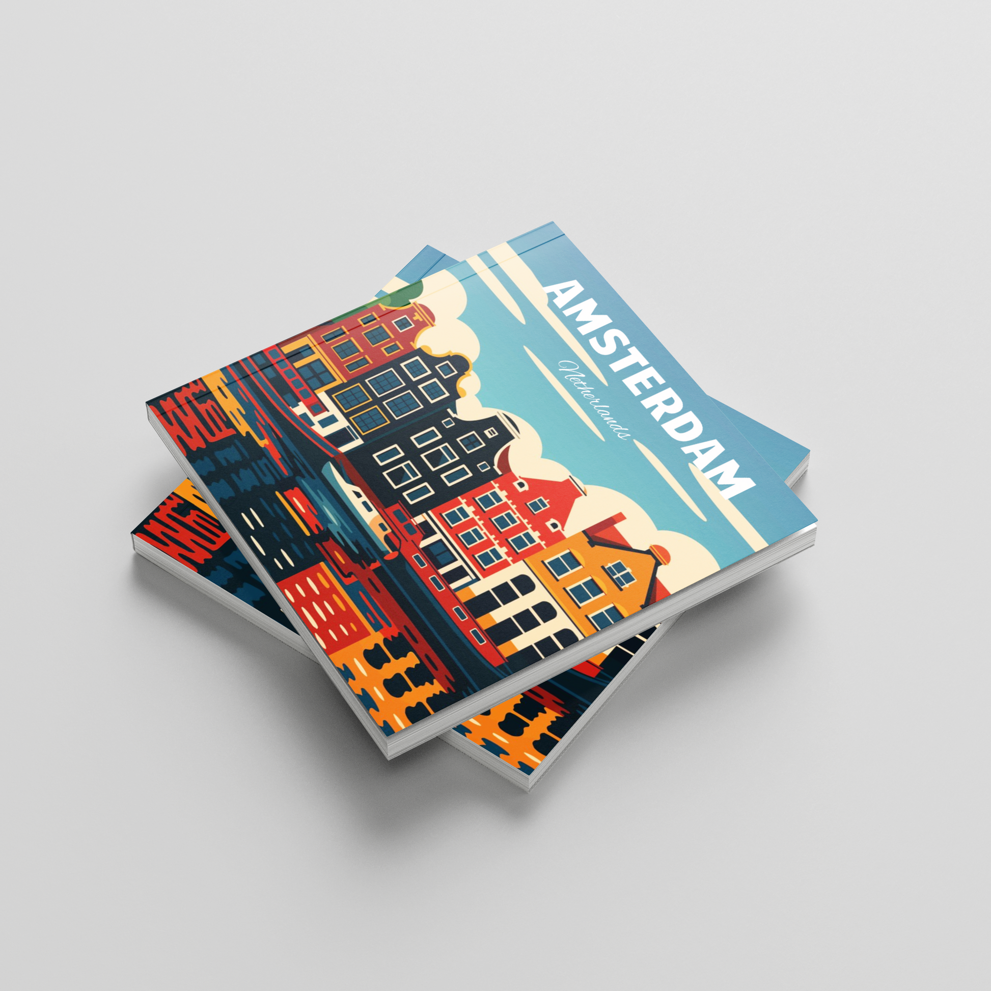 A stack of photobooks featuring a colorful Amsterdam canal house illustration, photographed on a light gray background. 
