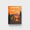 Photobook cover with a camping scene featuring a tent, campfire, and mountains on an orange background.