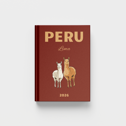 Photobook with 'PERU Lima' and '2026' on a red cover featuring illustrations of llamas.