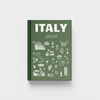 Green photobook titled 'Italy' with travel-themed illustrations on a white background