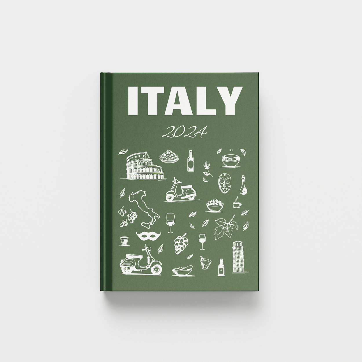 Green photobook titled 'Italy' with travel-themed illustrations on a white background