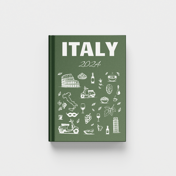 Green photobook titled 'Italy' with travel-themed illustrations on a white background