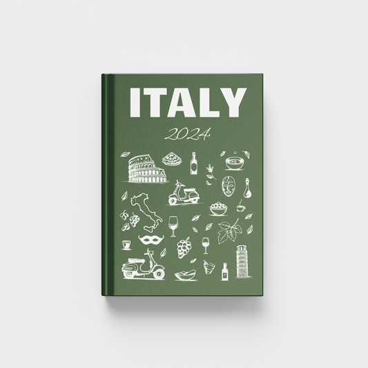 Green photobook titled 'Italy' with travel-themed illustrations on a white background