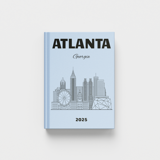 photobook with Atlanta, Georgia skyline design on a light blue background
