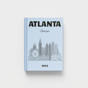photobook with Atlanta, Georgia skyline design on a light blue background