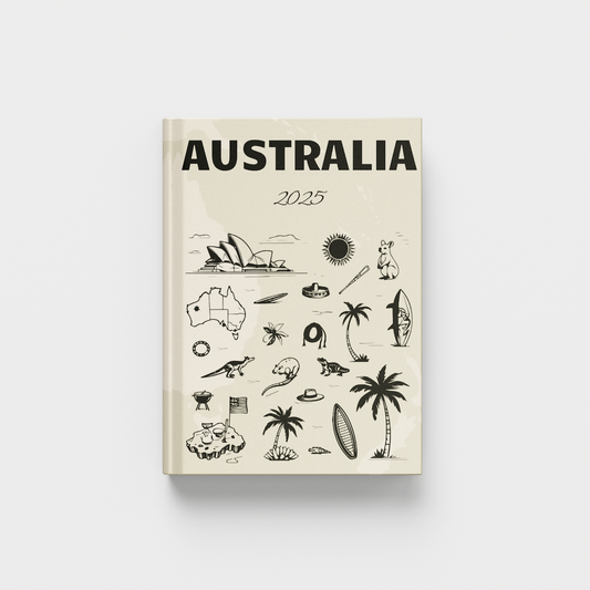 photobook titled 'Australia' with illustrations on a white background