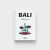 Bali Photobook with teal background and clipart of a hut