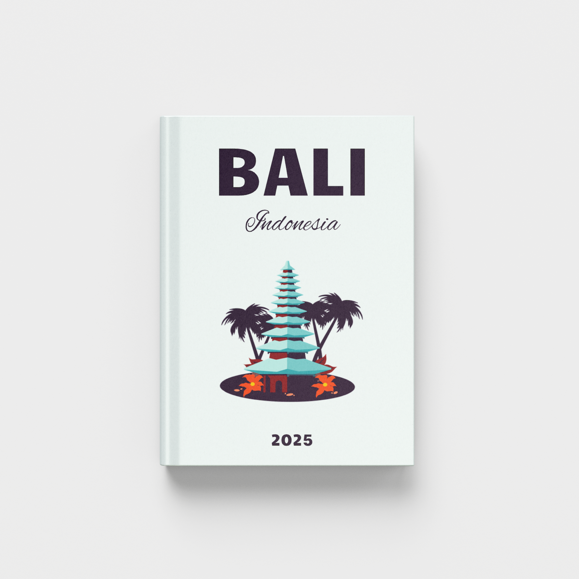 Bali Photobook with teal background and clipart of a hut