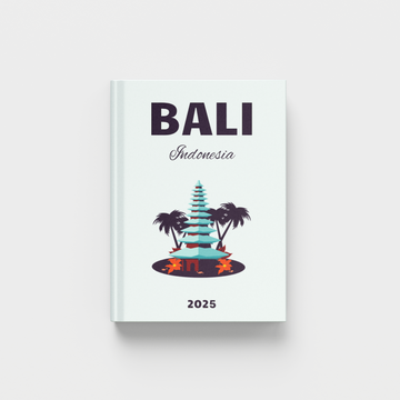 Bali Photobook with teal background and clipart of a hut