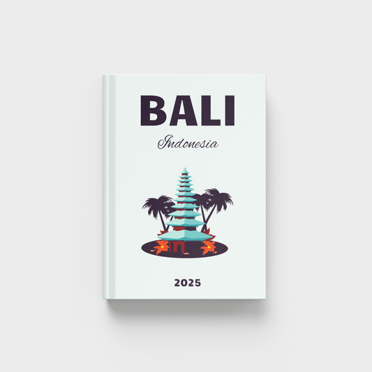 Bali Photobook with teal background and clipart of a hut
