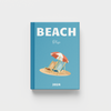 beach-themed photobook with a deck chair and umbrella illustration on a blue background