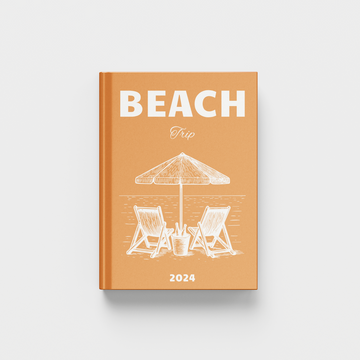 Beach-themed photobook with lounge chairs and umbrella illustration on a beige cover.