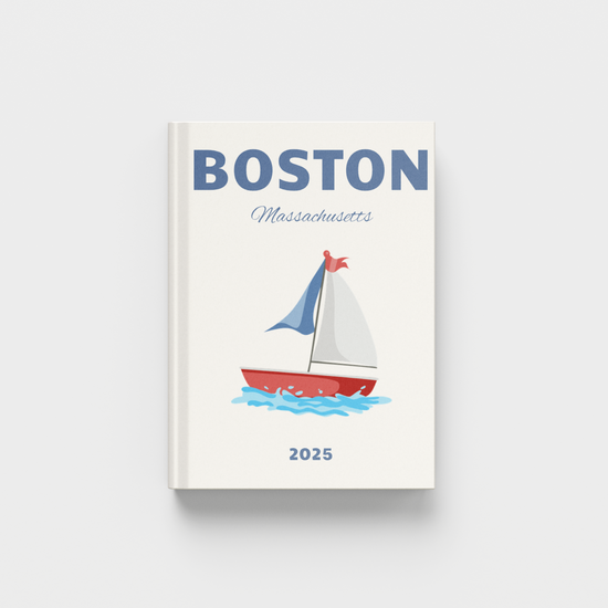 photobook with a sailboat illustration and 'Boston, Massachusetts' text on a white background
