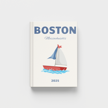 photobook with a sailboat illustration and 'Boston, Massachusetts' text on a white background