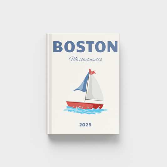 photobook with a sailboat illustration and 'Boston, Massachusetts' text on a white background