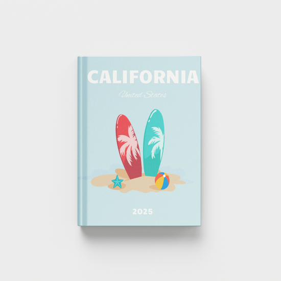 California travel photobook with beach-themed cover on a light blue background