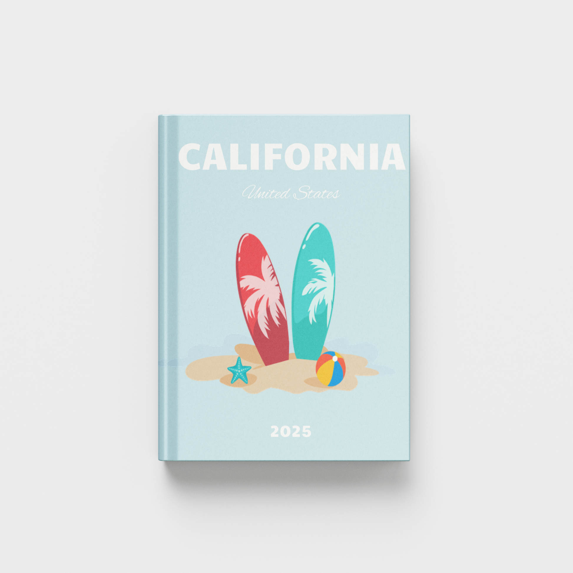 California travel photobook with beach-themed cover on a light blue background