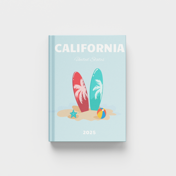 California travel photobook with beach-themed cover on a light blue background