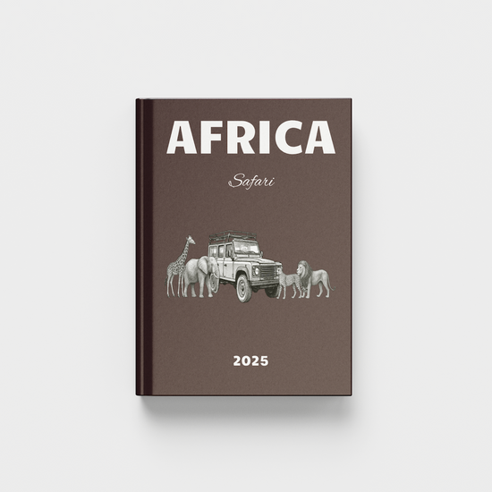 2025 Africa Safari photobook with vehicle and animal illustration on a white background