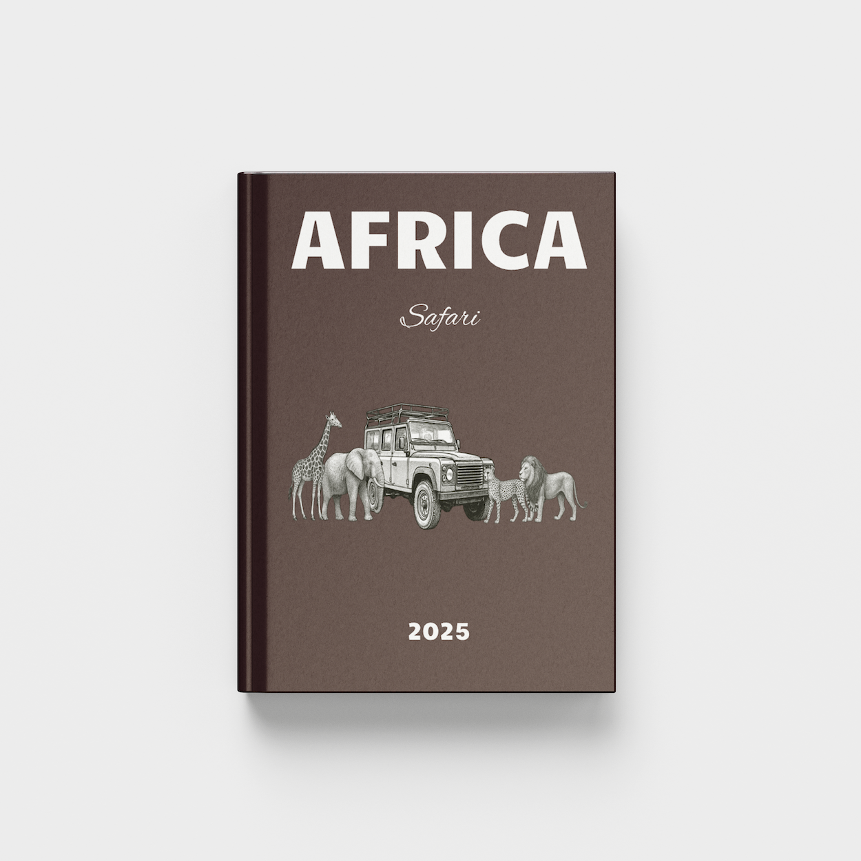 2025 Africa Safari photobook with vehicle and animal illustration on a white background