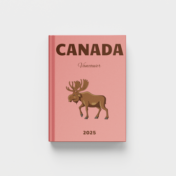 Light red photobook titled 'Canada Vancouver 2025' with a moose illustration on a white background
