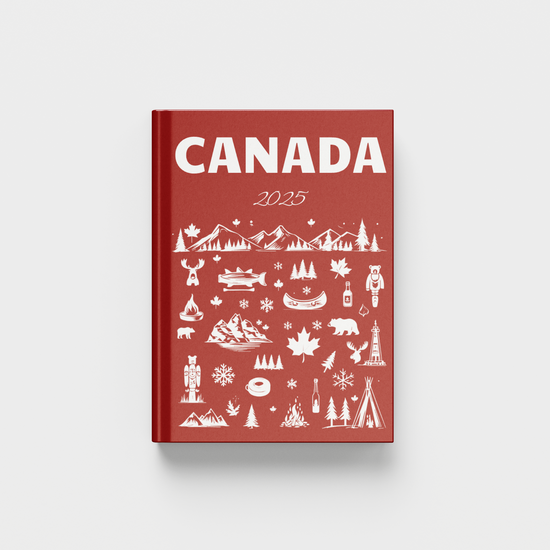Red photobook titled 'Canada 2025' with white illustrations on a light gray background